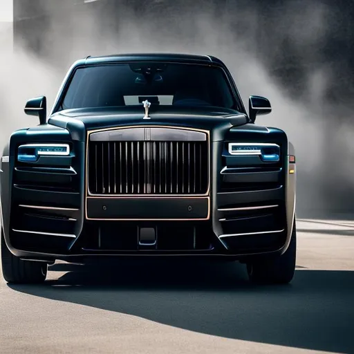 Prompt: The front of a all matte black Rolls Royce Cullinan with exposed carbon-fibre speeding with warping background 