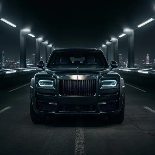 Prompt: The front of an all matte black Rolls Royce Cullinan with exposed carbon fibre speeding in a futuristic city landscape with a warping background 