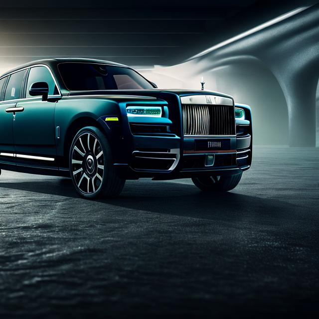 Prompt: The front of an all matte black Rolls Royce Cullinan with exposed carbon fibre speeding in a futuristic city landscape with a warping background 