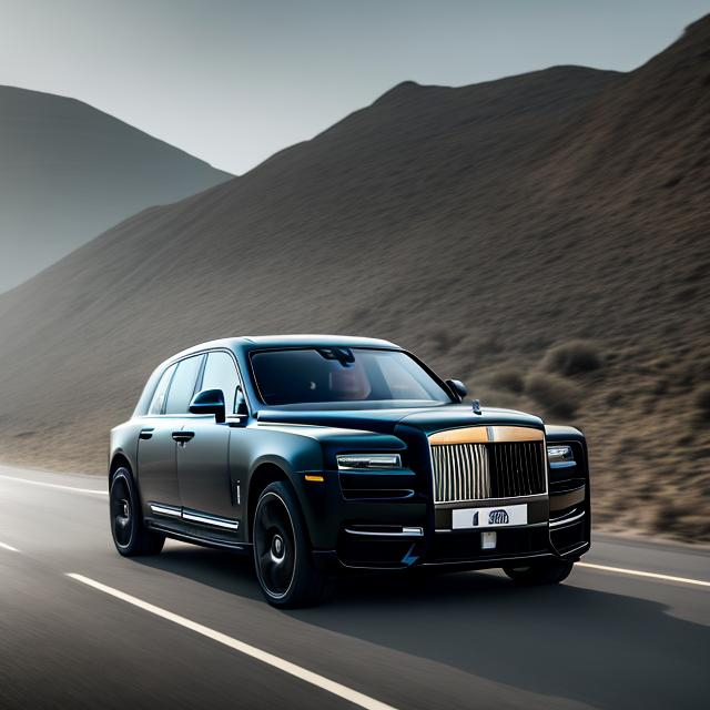 Prompt: The front of a all matte black Rolls Royce Cullinan with exposed carbon-fibre speeding with warping background 