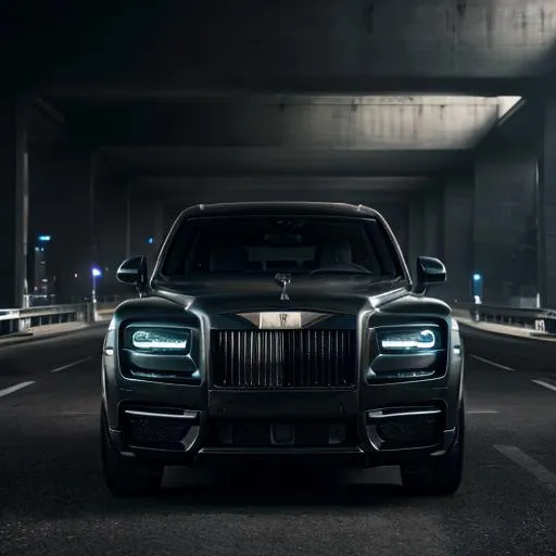 Prompt: The front of an all matte black Rolls Royce Cullinan with exposed carbon fibre speeding in a futuristic city landscape with a warping background 