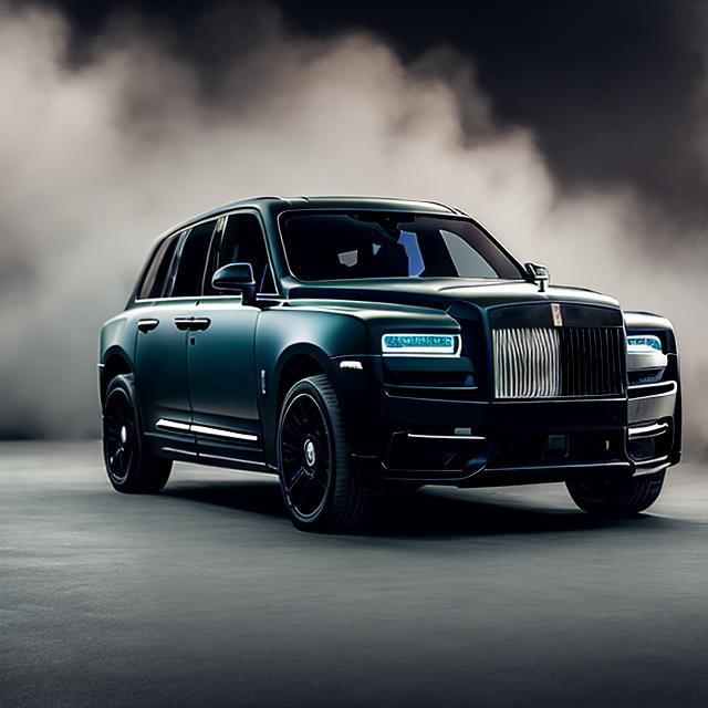 Prompt: All matte black Rolls Royce Cullinan with exposed carbon-fibre speeding with warping background 