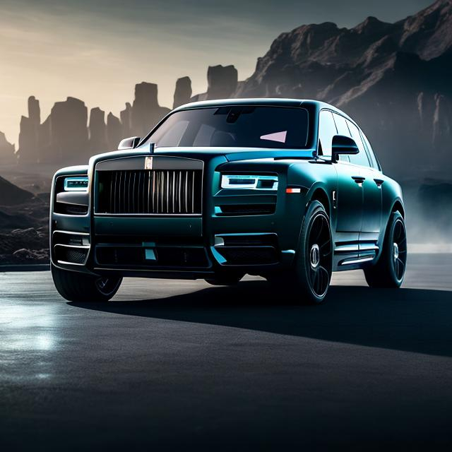 Prompt: The front of an all matte black Rolls Royce Cullinan with exposed carbon fibre speeding in a futuristic city landscape with a warping background 