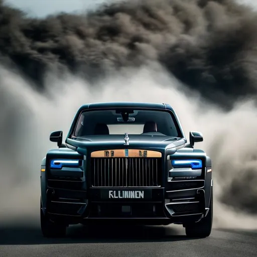 Prompt: The front of a all matte black Rolls Royce Cullinan with exposed carbon-fibre speeding with warping background 