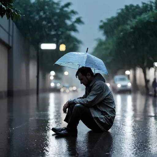 Prompt: A man sitting in the rain