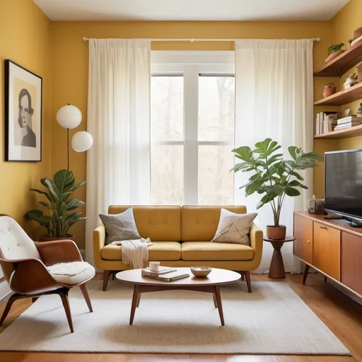 Prompt:    "A cozy Mid-Century Modern living room in a small apartment. The space features a sleek wooden coffee table with tapered legs, an Eames lounge chair, and a vintage-inspired sofa in a muted mustard yellow. The walls are painted in a neutral white, complemented by an abstract geometric art piece. A minimalist bookshelf with open shelving displays a few carefully chosen decor items. Natural light filters through sheer curtains, illuminating the room’s clean lines and organic shapes, with a touch of greenery in the corner for warmth."