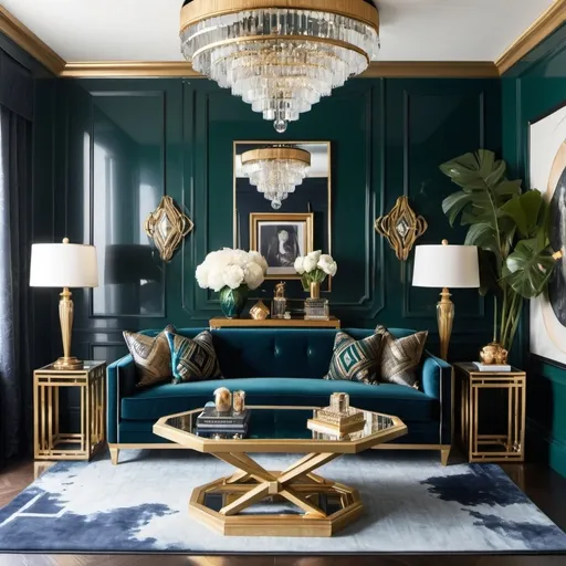 Prompt:    "A luxurious Art Deco-inspired small apartment living space. The room features a navy blue velvet sofa with gold accents, a mirrored coffee table with a lacquered finish, and a statement chandelier with geometric designs. The walls are adorned with deep emerald green paint and gold trim, with a large, bold geometric rug underfoot. A decorative bar cart with crystal glassware and metallic accents sits in the corner, exuding the opulence and glamor of the 1920s."