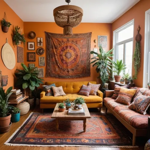 Prompt:    "A vibrant Bohemian (Boho) small apartment living space filled with an eclectic mix of colors, patterns, and textures. The room features a low, comfortable sofa with an array of mismatched throw pillows in warm earthy tones like terracotta and mustard. The walls are adorned with hanging tapestries and framed artwork, while layered rugs in vibrant patterns cover the wooden floor. Plants of various sizes are scattered throughout, and a vintage coffee table holds an assortment of candles, books, and personal trinkets. The overall atmosphere is cozy, inviting, and full of personality."