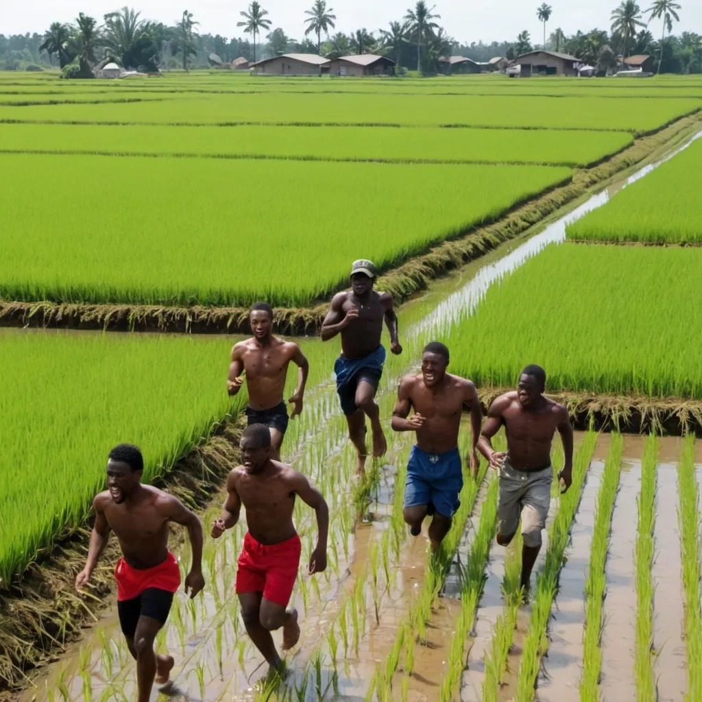 Prompt: Show me a bunch of black people running out of a rice field