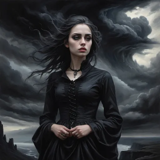 Prompt: Young gothic woman, dark cliff, vast black landscape, swirling black clouds, oil painting, detailed features, highres, gothic, atmospheric, intense gaze, dark tones, professional, dramatic lighting, detailed clouds, gloomy atmosphere