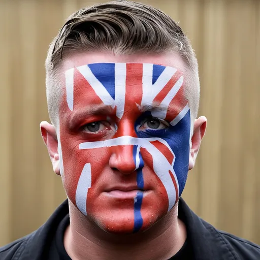 Prompt: Tommy Robinson with Face war paint of Britain’s flag