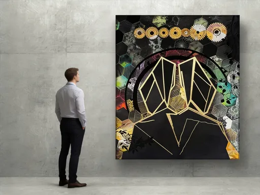 Prompt: In the supplied image, the art on the wall is 106 inches tall and 83 inches wide. I would like to render an average-sized person dressed in business casual clothing looking at the art, we should see the approximately 2 feet away from the wall, and I would like to include their whole body