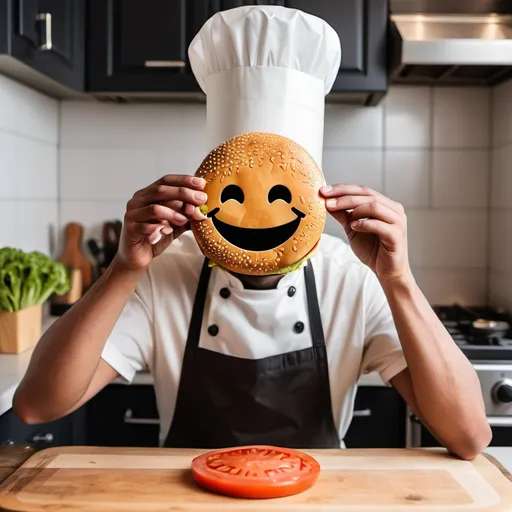 Prompt: uma pessoa com cabeça de emoji sorridente com olhos completamente pretos fazendo um hambúrguer artesanal na cozinha 