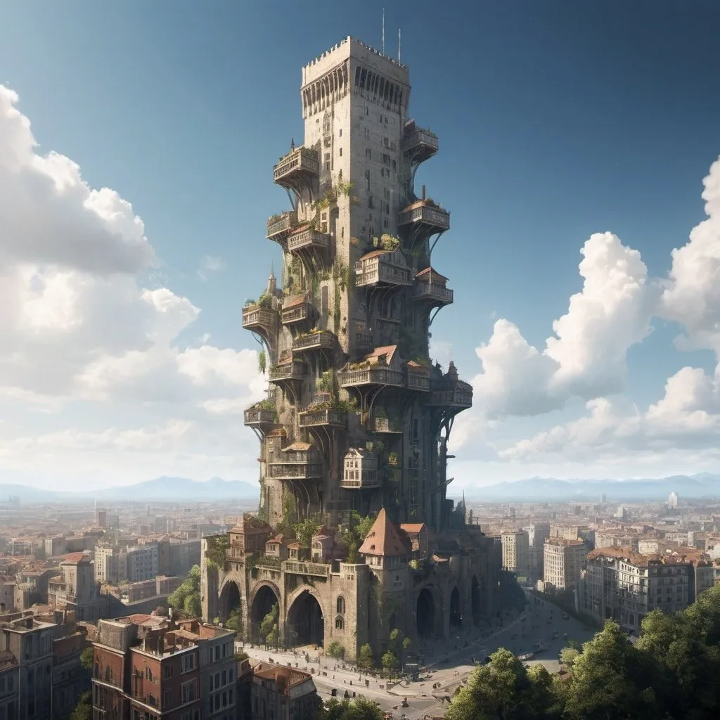 Prompt: a city build around the sides of a tower that grows into the sky