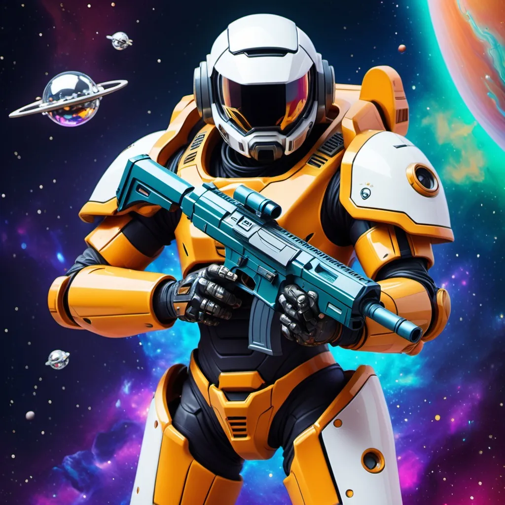 Prompt: an armed spacer in colorful space armor armed with a gyro rifle