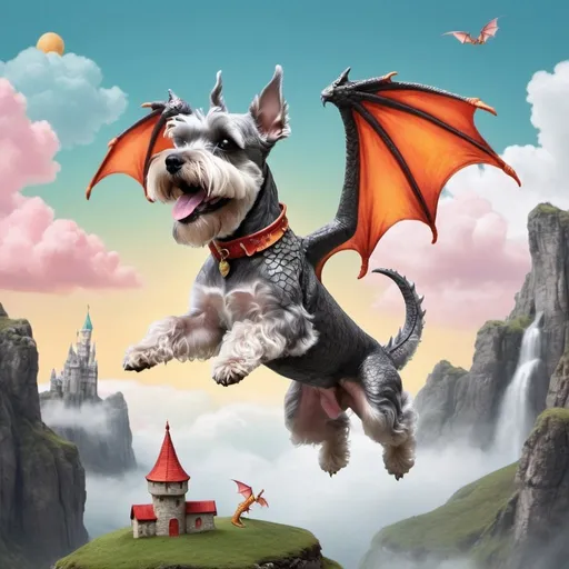 Prompt: a mix between a salt and pepper schnauzer and a dragon flying happily on a fantasy land
