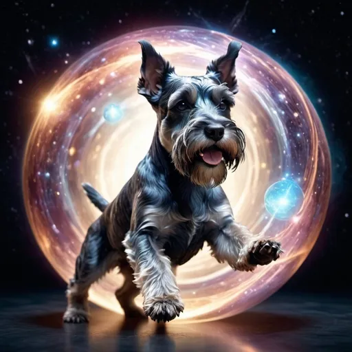 Prompt: Surreal 3D rendering of a primordial schnauzer playing with the universe as a ball in the void, cosmic energy swirling around, detailed fur with cosmic reflections, mystical and dreamlike, high quality, surreal, cosmic, detailed fur, 3D rendering, cosmic tones, ethereal lighting