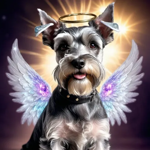 Prompt: Fantasy angel schnauzer with salt and pepper fur, playful attitude, vibrant fantasy land, angelic aura, whimsical halo, detailed fur with ethereal reflections, intricate wings, surreal atmosphere, heavenly lighting, high quality, fantasy, detailed fur, angelic, playful, surreal, ethereal lighting, vibrant colors