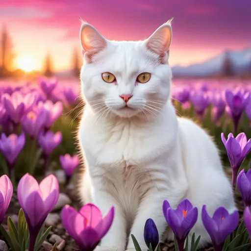 Prompt: white cute cat sitting surrounded by pink crocuses and violet irises at the vividly magenta sunset