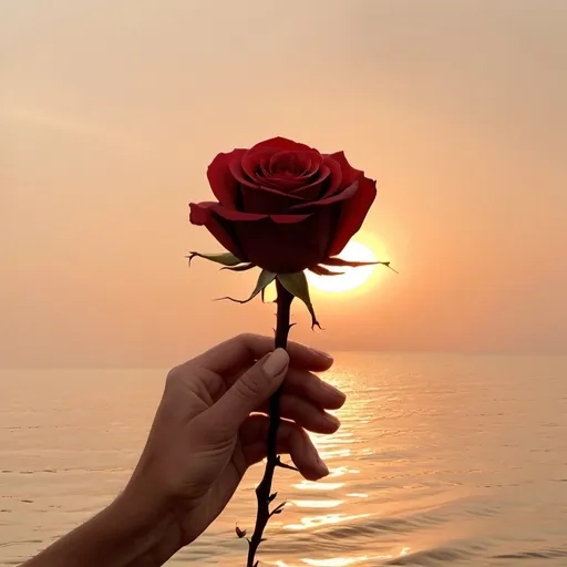 Prompt: Man's hand holds a red rose together with woman's hand at the sunset over the sea