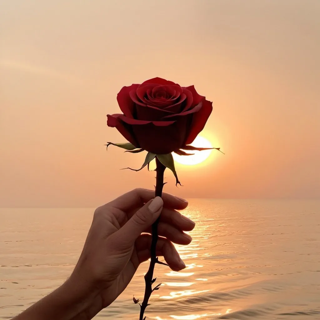 Prompt: Man's hand holds a red rose together with woman's hand at the sunset over the sea