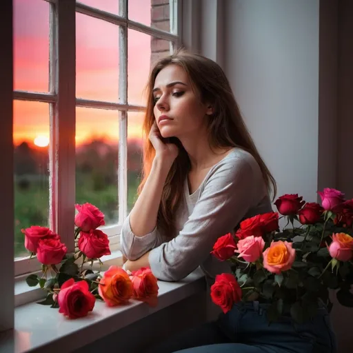 Prompt: A sad beautiful woman surrounded by vivid bright roses, sitting on window sill, watching vividly red sunset through the window