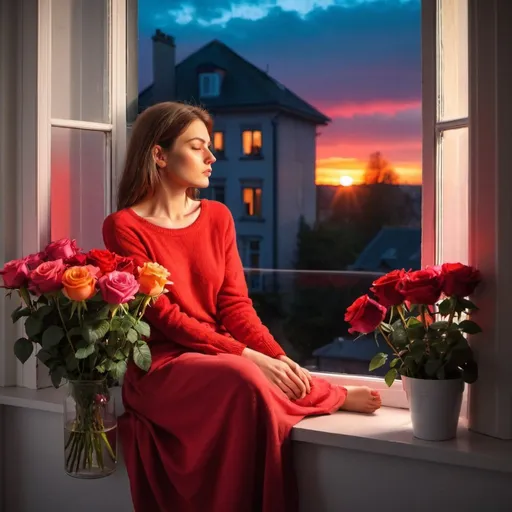 Prompt: A sad beautiful woman surrounded by vivid bright roses, sitting on window sill, watching vividly red sunset through the window