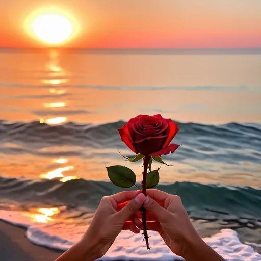 Prompt: Hands holding a red rose at the sunset over the sea
