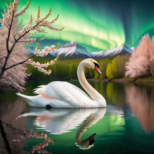 Prompt: A white swan in the lake with vividly bright peach blossoming branches in the background of green-yellow Aurora Borealis