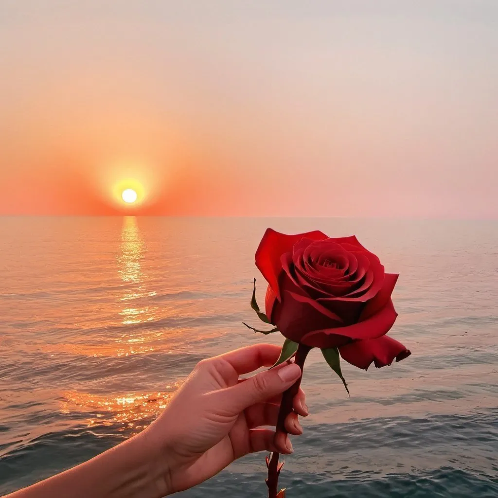 Prompt: Man's hand holds a red rose together with woman's hand at the sunset over the sea