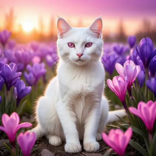 Prompt: white cute cat sitting surrounded by pink crocuses and violet irises at the vividly magenta sunset