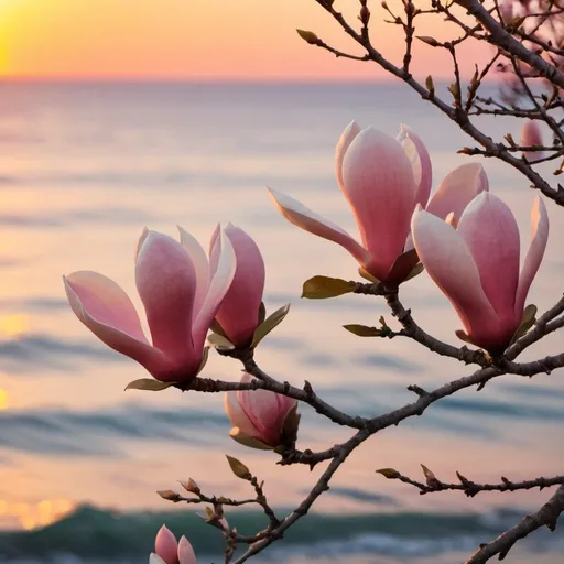 Prompt: Blossoming Macro magnolia branches over the sea at the red-yellow sunset