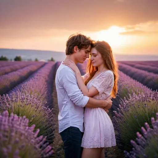 Prompt: A young couple embraces each other closely, wrapped in illumination bulbs girlianda in the lavender field with bokhe sunset