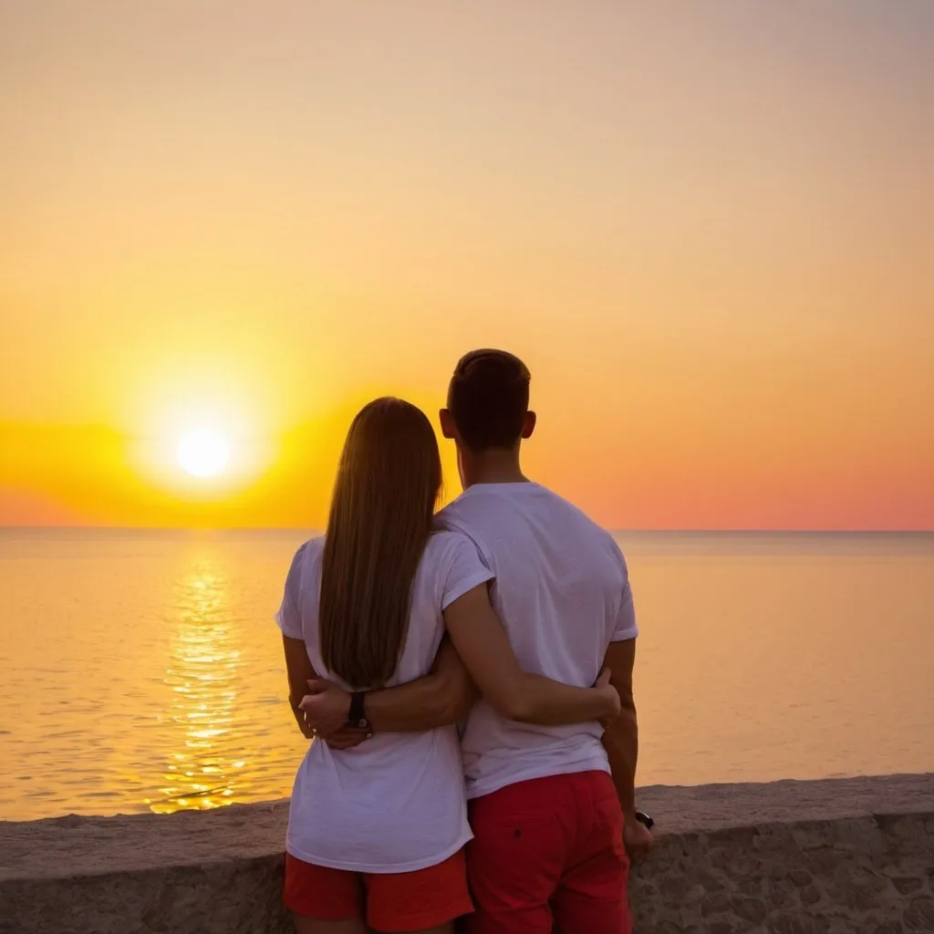 Prompt: Square portrait of a young couple watching red-yellow sunset by the sea