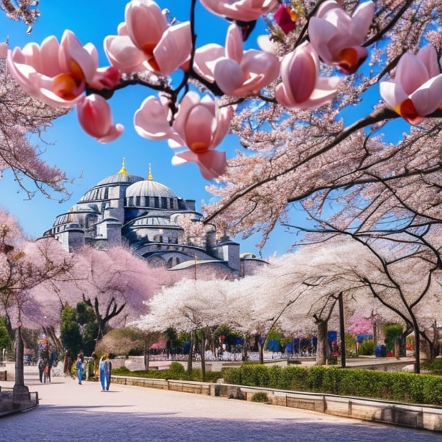 Prompt: High resolution, hyper-realistic Istanbul in spring with bright blossoming magnolias and blue skies