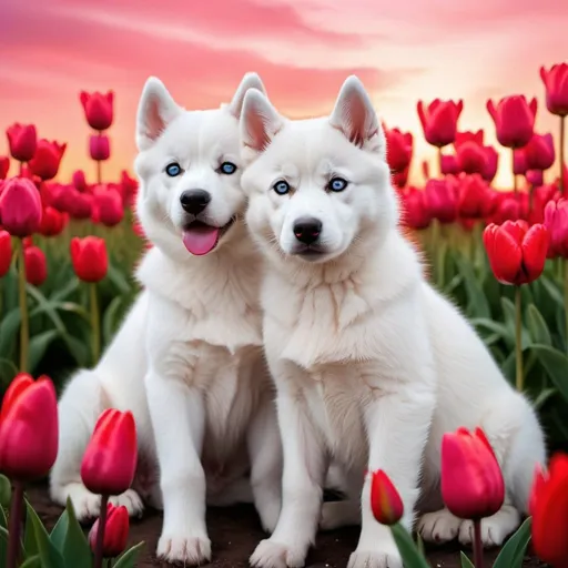Prompt: A white cute Husky puppy and white cute cat sitting surrounded by red tulips at the vividly magenta sunset