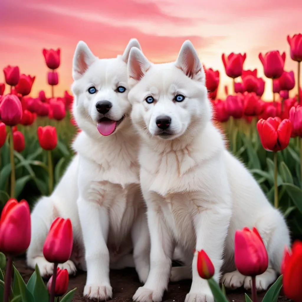 Prompt: A white cute Husky puppy and white cute cat sitting surrounded by red tulips at the vividly magenta sunset