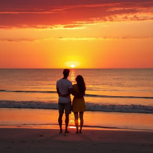 Prompt: Square image of a young couple watching red-yellow sunset by the sea