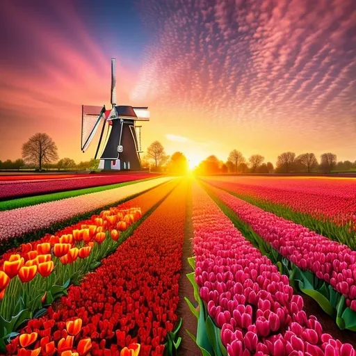 Prompt: High resolution, hyper-realistic, Holland in spring with blossoming magenta tulips field and vivid red-gold sunset 