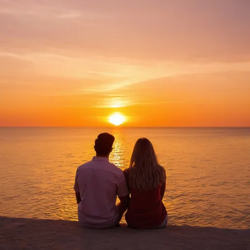 Prompt: Square portrait of a young couple watching red-yellow sunset by the sea