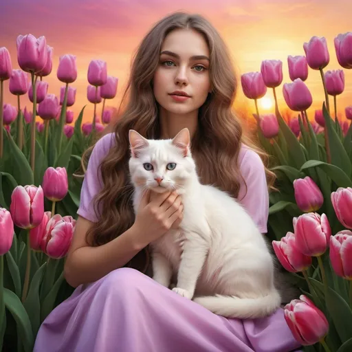Prompt: Hyper-realistic, high resolution, detailed, young beautiful woman-model with long wavy hair is holding a white British breed kitties, sitting surrounded by vividly bright pink and violet tulips at the red-yellow sunset