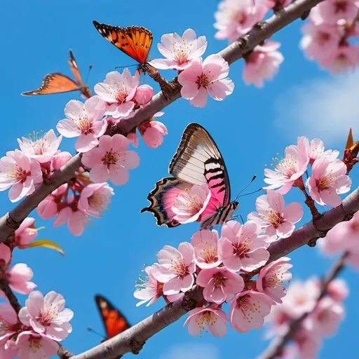 Prompt: Blue skies, pink blossoming cherry branches with vividly bright butterfly