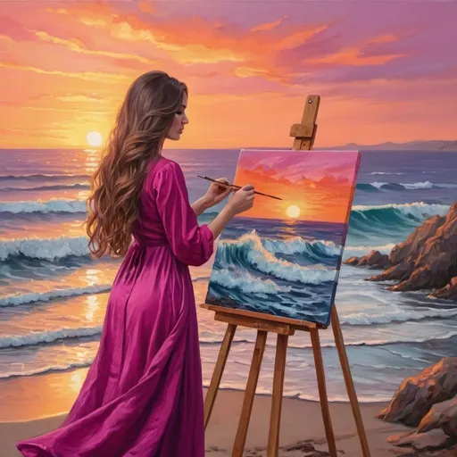 Prompt: A beautiful young woman with long hair, in magenta shifon dress is standing and painting by the sea, waves, orange sunset, detailed 