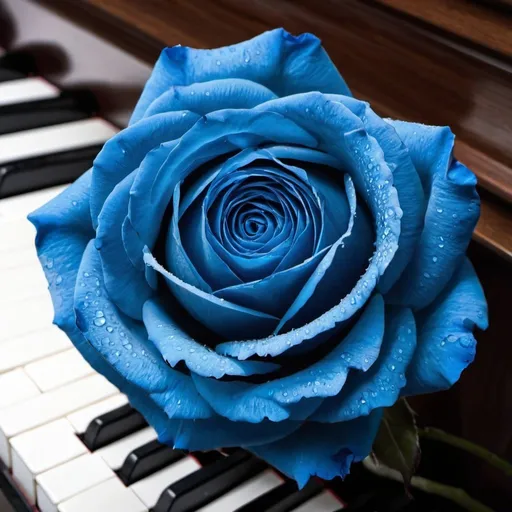 Prompt: Macro Blue rose laying on the piano keys