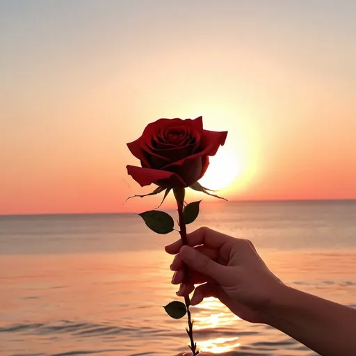 Prompt: Hands holding a red rose at the sunset over the sea