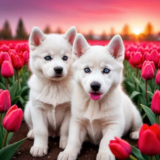 Prompt: A white cute Husky puppy and white cute cat sitting surrounded by red tulips at the vividly magenta sunset