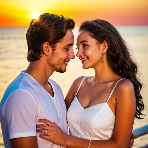 Prompt: Beautiful, happy young couple looking at each other, at the red-yellow sunset by the sea
