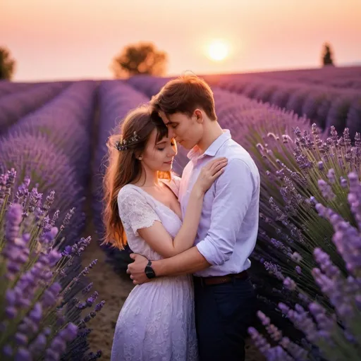 Prompt: A young couple embraces each other closely, wrapped in illumination bulbs girlianda in the lavender field with bokhe sunset