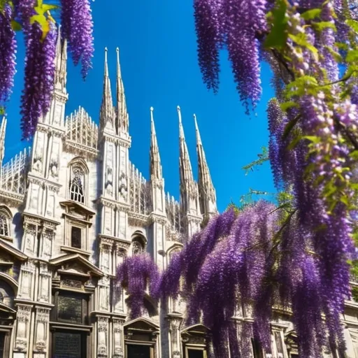 Prompt: High resolution, hyper-realistic Milan Cathedral in spring with violet wisteria branches and blue skies