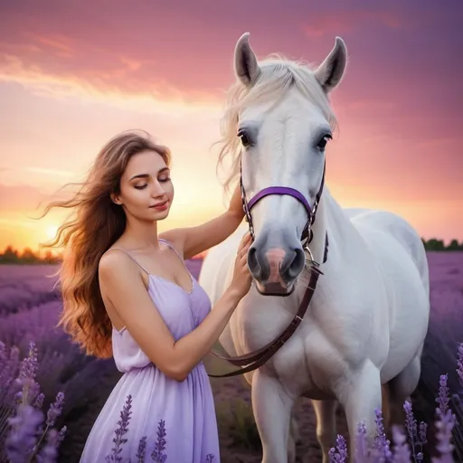 Prompt: A beautiful young woman with long wavy hair embraces the arabian white horse in the vividly bright lavender field at the red sunset